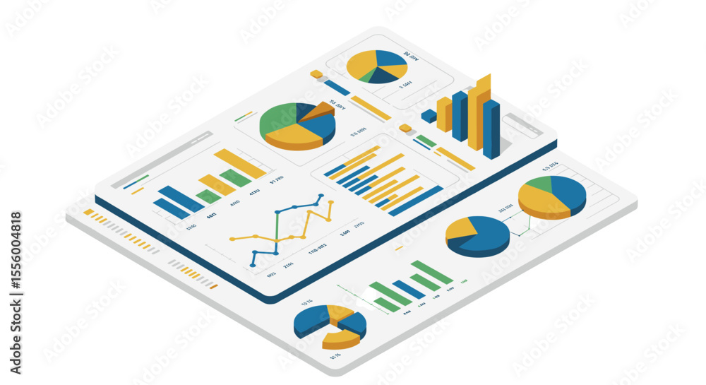 Poster isometric data analysis vector illustration for presentation and reports in modern flat design style