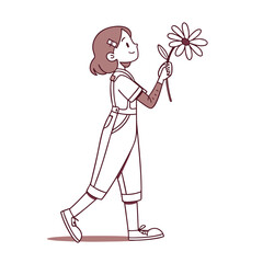 Girl Walking with Daisy: A charming illustration of a girl, walking happily, holding a single daisy.  Her overalls and shoes add to her youthful charm.