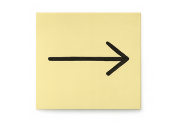 Yellow sticky note with hand-drawn right-pointing arrow, indicating directional guidance on transparent background