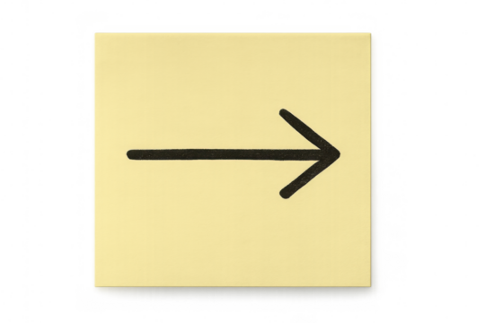Yellow sticky note with hand-drawn right-pointing arrow, indicating directional guidance on transparent background
