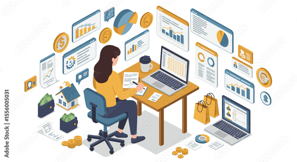 Poster business data analysis vector illustration: concept of finance and analytics in isometric style for 