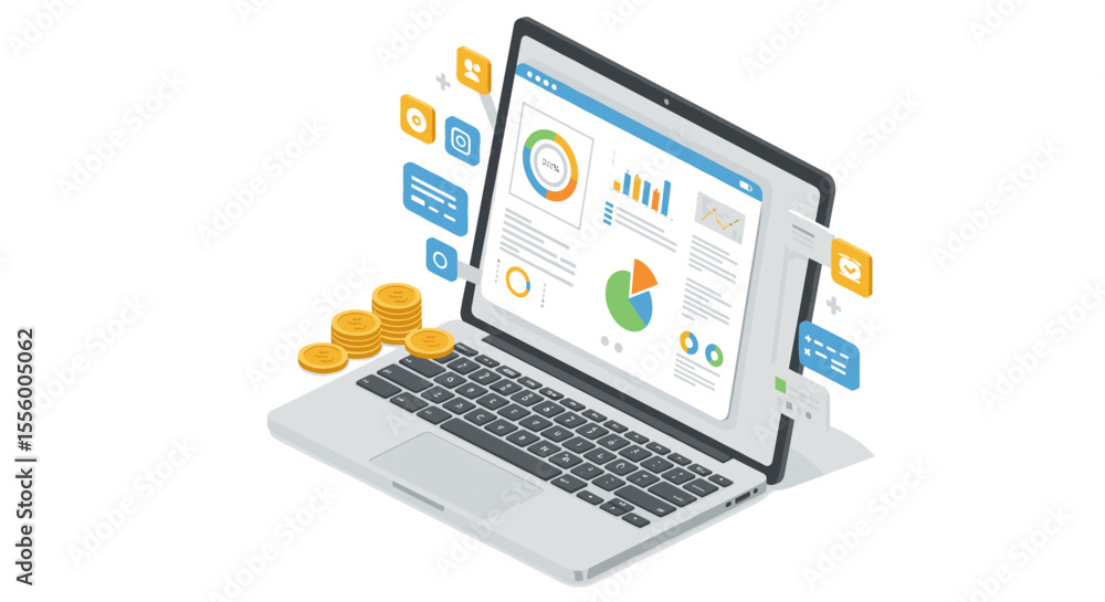 Poster financial analysis vector illustration for data visualization and presentation design in isometric s