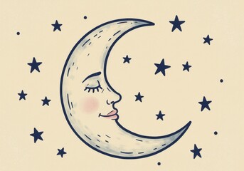 Illustration of crescent moon with face and stars