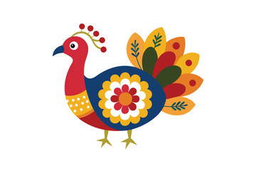 Folk Art Turkey with Floral Pattern Details on White Background Design