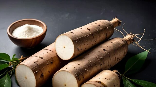 Arrangement of raw yuca roots, sliced pieces, and white powder in wooden bowl, laid on a dark surface with green foliage