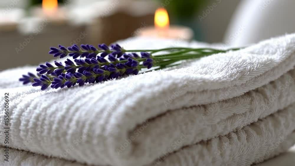 Poster soft white towels, adorned with fragrant lavender, create a tranquil atmosphere in a spa setting, en
