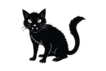 Creepy Black Cat Illustration with Glowing Eyes on White Background