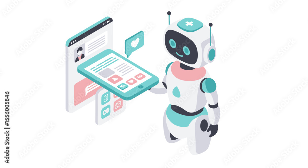 Poster isometric robot with futuristic tablet interface vector illustration for technology design