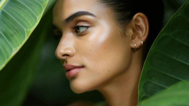 A woman poses gracefully with vibrant green leaves framing her face. The lush surroundings enhance her natural beauty and captivating eyes, emphasizing the harmony of nature and elegance