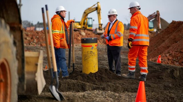 Four construction workers in bright orange attire are inspecting a site. They are discussing plans near heavy machinery, demonstrating teamwork and focus on safety