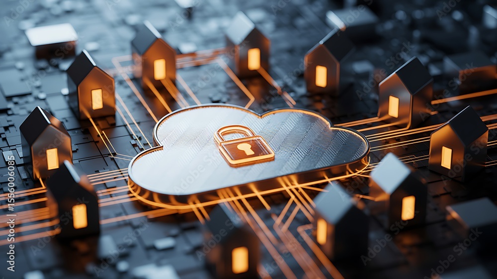 Poster secure cloud network connecting illuminated homes security lock