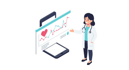 Fototapeta premium Healthcare technology: isometric vector illustration of doctor analyzing digital health data for design and print