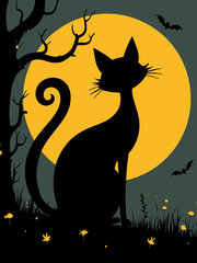 a black cat with arched back, perfect for Halloween at night with moon