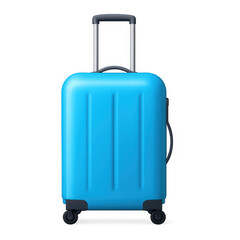 A bright blue modern rolling suitcase with a retractable handle and wheels isolated on transparent background