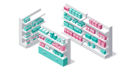 Fototapeta premium Isometric pharmacy vector illustration: medicine store design for product display and marketing