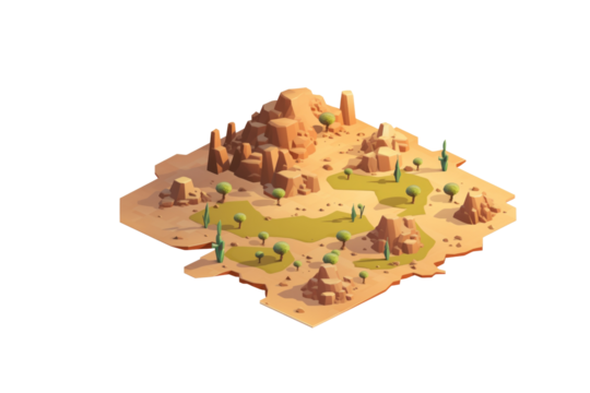 Isometric low-poly desert landscape with rocks, cacti, and trees. background removed