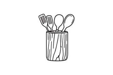 Stylish kitchen utensil holder with wooden line art and black color