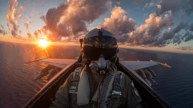 A fighter pilot experiences an awe-inspiring sunset from the cockpit of an aircraft while soaring above the ocean waters. The vibrant colors contrast with the silhouette of the pilot and jet