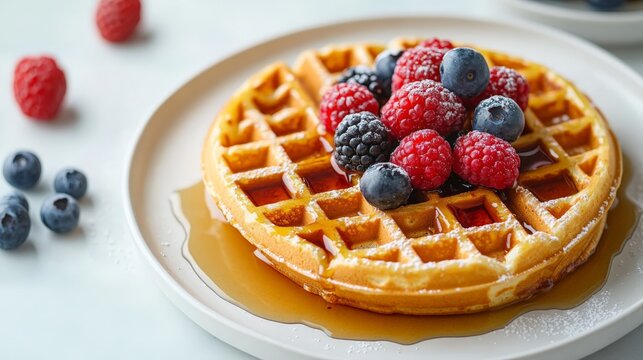 a single waffle with a drizzle of syrup and a few fresh berries