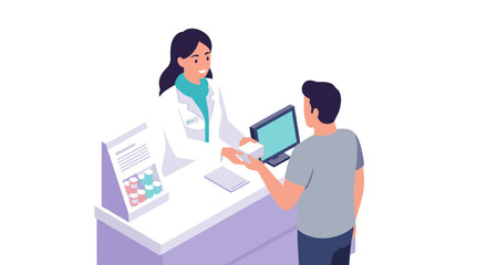 Pharmacy customer service vector illustration in modern flat style for healthcare design
