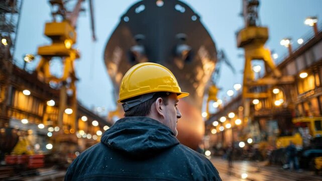 A worker in a yellow hard hat watches a large vessel in dry dock during early morning hours. Cranes and equipment surround the ship, highlighting the bustling shipyard environment