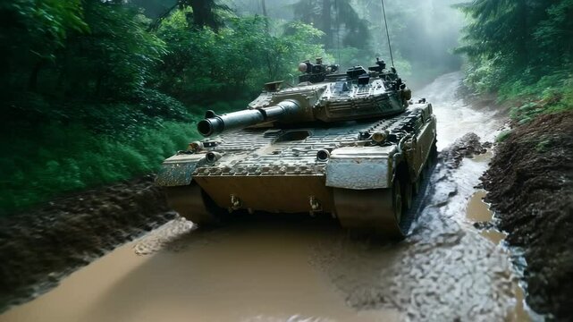 A large tank powers through muddy paths in a lush forest. The vehicle splashes through puddles as morning fog settles among the trees, showcasing military training in challenging conditions
