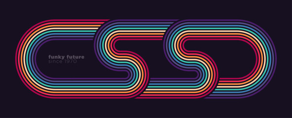 Retro 80s-inspired abstract design with vibrant curved lines and layered neon hues against a dark backdrop. Vector illustration.