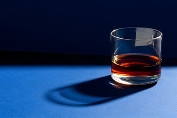 Glass of Whiskey on Blue Background Dramatic Lighting Still Life Photography