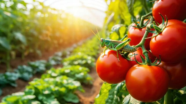 A bright greenhouse filled with lush tomato plants and a grasshopper resting on a cluster of ripe tomatoes as the sun sets, creating a warm glow and vibrant atmosphere