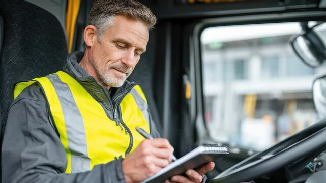 A truck driver in a safety vest sits in a vehicle cabin, reviewing his delivery schedule and jotting down notes while parked at a logistics center during the day