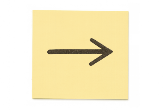 Simple right arrow on a yellow sticky note, isolated on transparent background, ideal for presentations and educational projects