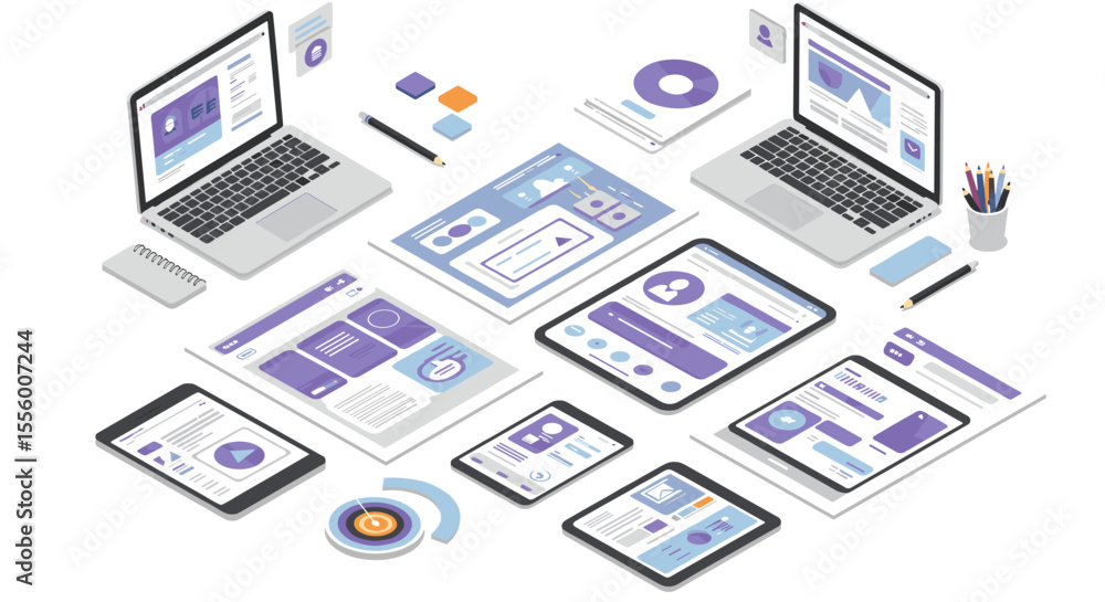 Poster isometric digital workspace vector illustration for design and technology concepts