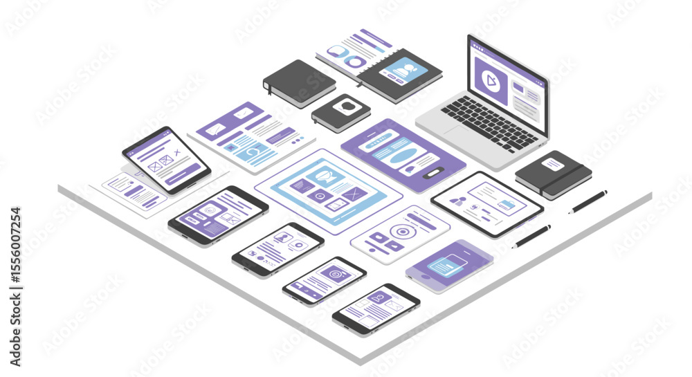 Poster isometric office technology vector illustration: devices and security design for digital workspace p