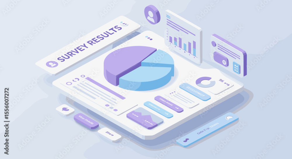Poster isometric survey results vector illustration: design for data visualization and marketing