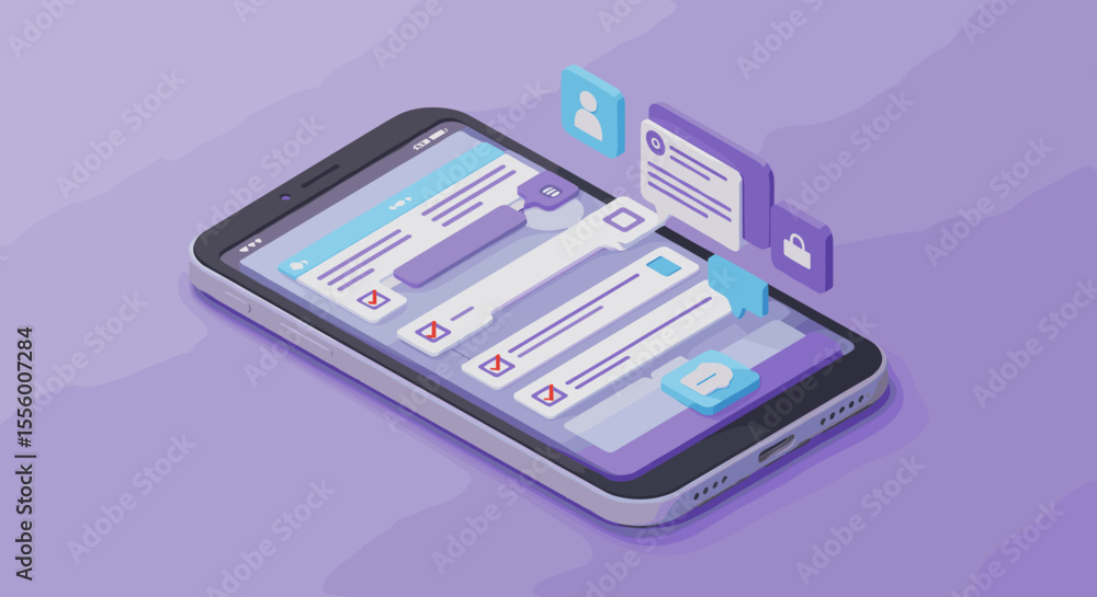 Poster mobile app interface vector illustration: 3d isometric design for tech and innovation concepts