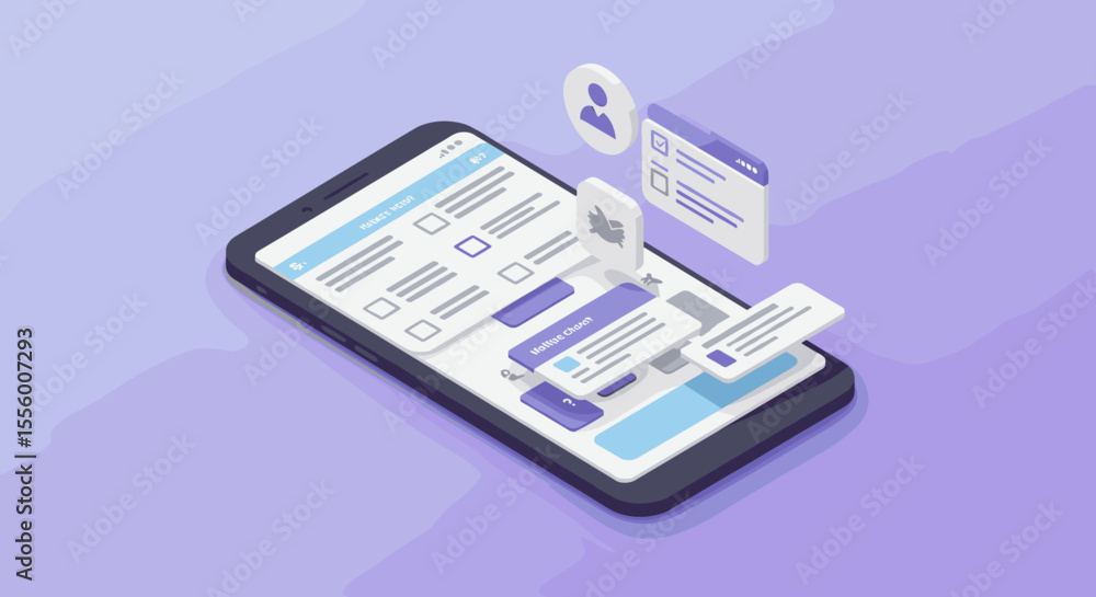 Poster mobile app user interface design vector illustration: isometric 3d style for digital development