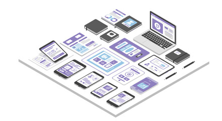 Isometric office technology vector illustration: devices and security design for digital workspace projects