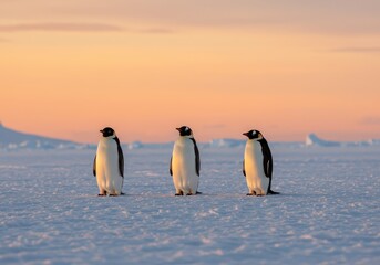 Three Emperor Penguins Standing on Icy Antarctic Landscape at Sunset
