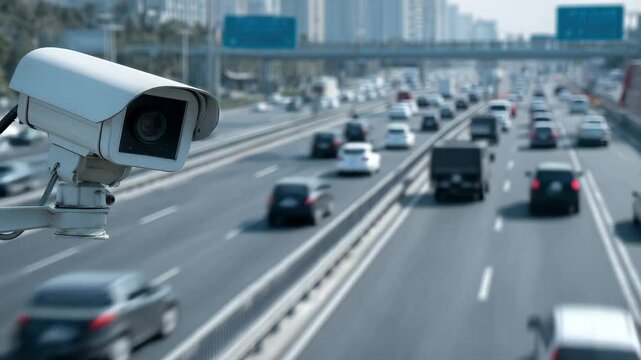 Surveillance cameras capture the flow of traffic on busy urban highways under clear skies, showcasing a variety of vehicles moving efficiently along the lanes