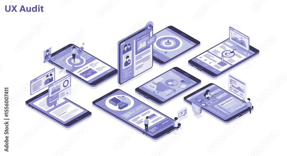 Poster ux audit concept design in isometric vector illustration style for digital interface analysis