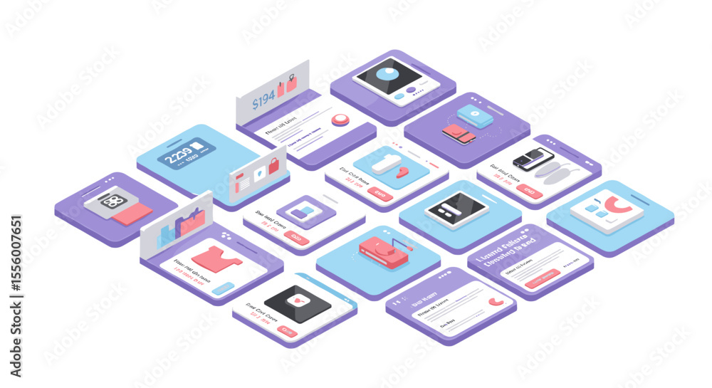Poster isometric e-commerce app design vector illustration for digital store interfaces