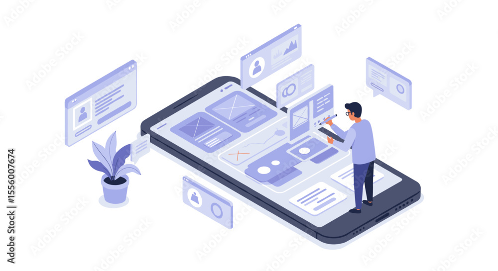 Poster mobile app design process vector illustration - isometric style for creative web development concept