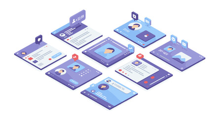 Isometric social media interface vector illustration for digital design projects