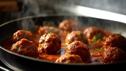 Cooking takes place in a cozy kitchen as meatballs gently bubble in a flavorful tomato sauce. Steam rises while herbs add a fresh touch, enticing with aroma
