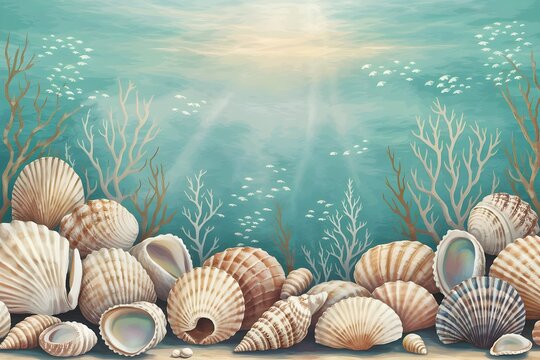 Marine background featuring seashells and corals underwater