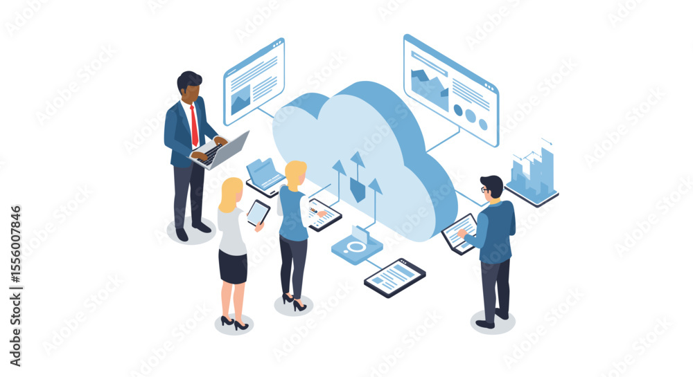 Poster cloud computing teamwork vector illustration for business and technology communication design in fla