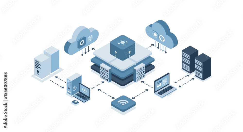 Poster cloud computing network diagram vector illustration in flat isometric style for tech design