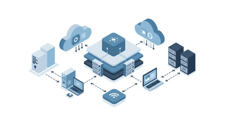 Cloud computing network diagram vector illustration in flat isometric style for tech design