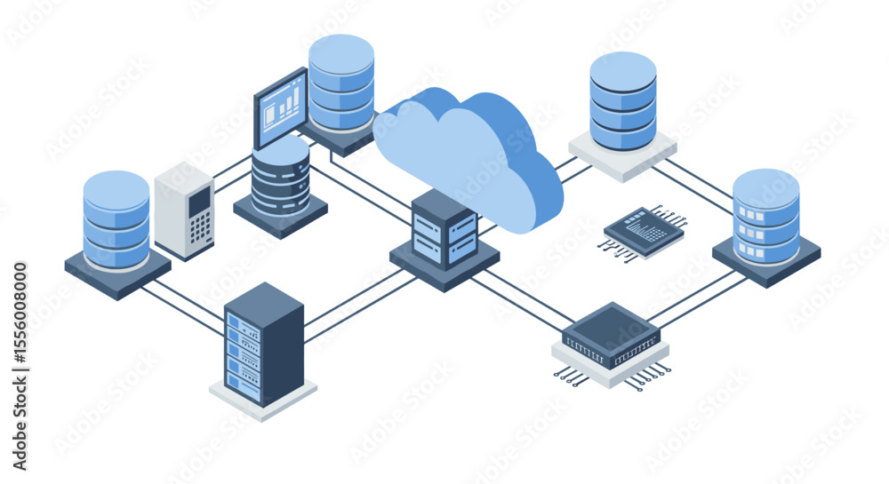 Poster cloud computing network vector illustration in blue isometric style for technology posters