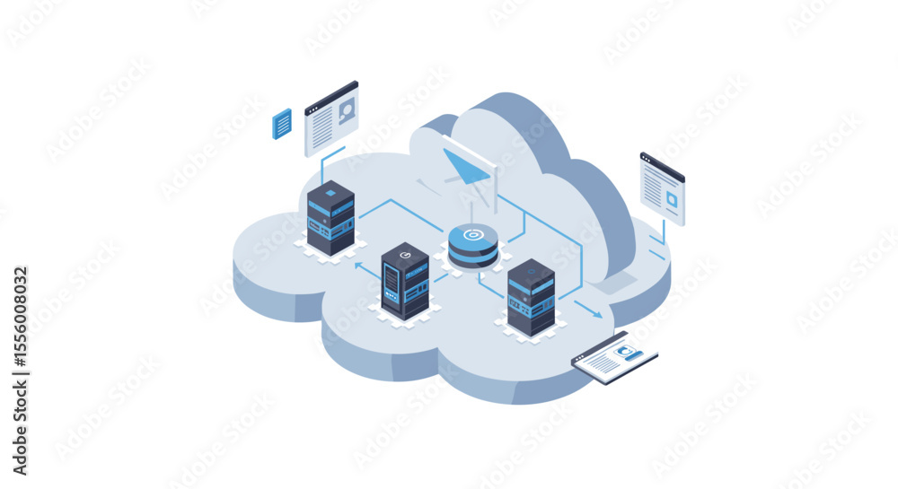 Poster cloud computing concept vector illustration for technology and data management design in 3d isometri